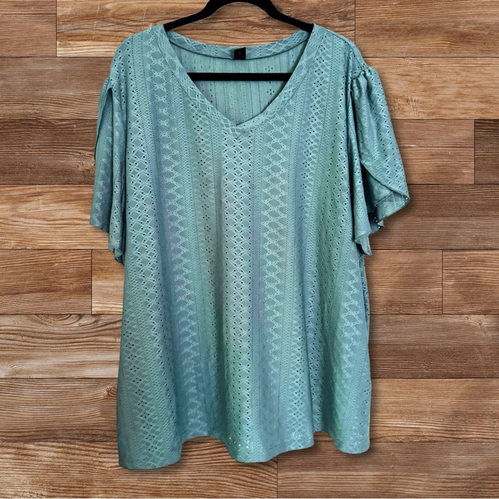 SHEIN CURVE Eyelet Embroidery Petal Sleeve Blouse – Olive Green – Size 3XL